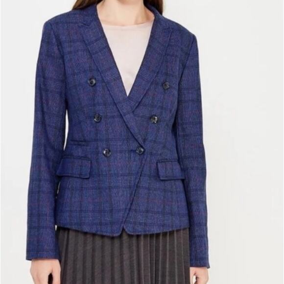 BANANA REPUBLIC Double Breasted Plaid Blazer Blue Indigo Wool Blend Sz 6 {3X15} - Picture 1 of 7